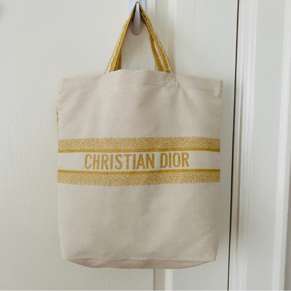 New Christian Dior Made in Italy Gold Metallic Cream Festive Travel Tote Bag